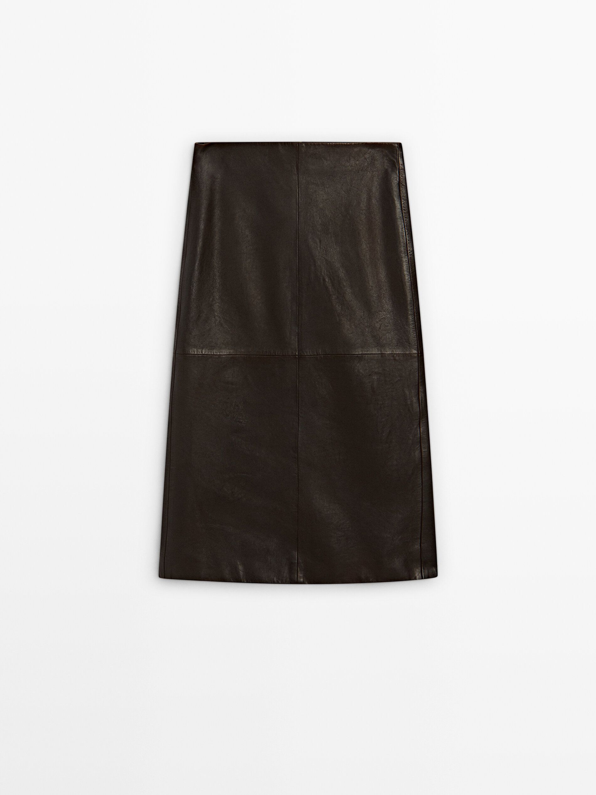 Straight Nappa Leather Midi Skirt With Slit