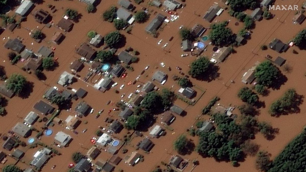 A closeup view of the flooded homes in Manville, New Jersey, taken by the GeoEye-1 satellite on Sept. 2, 2021.