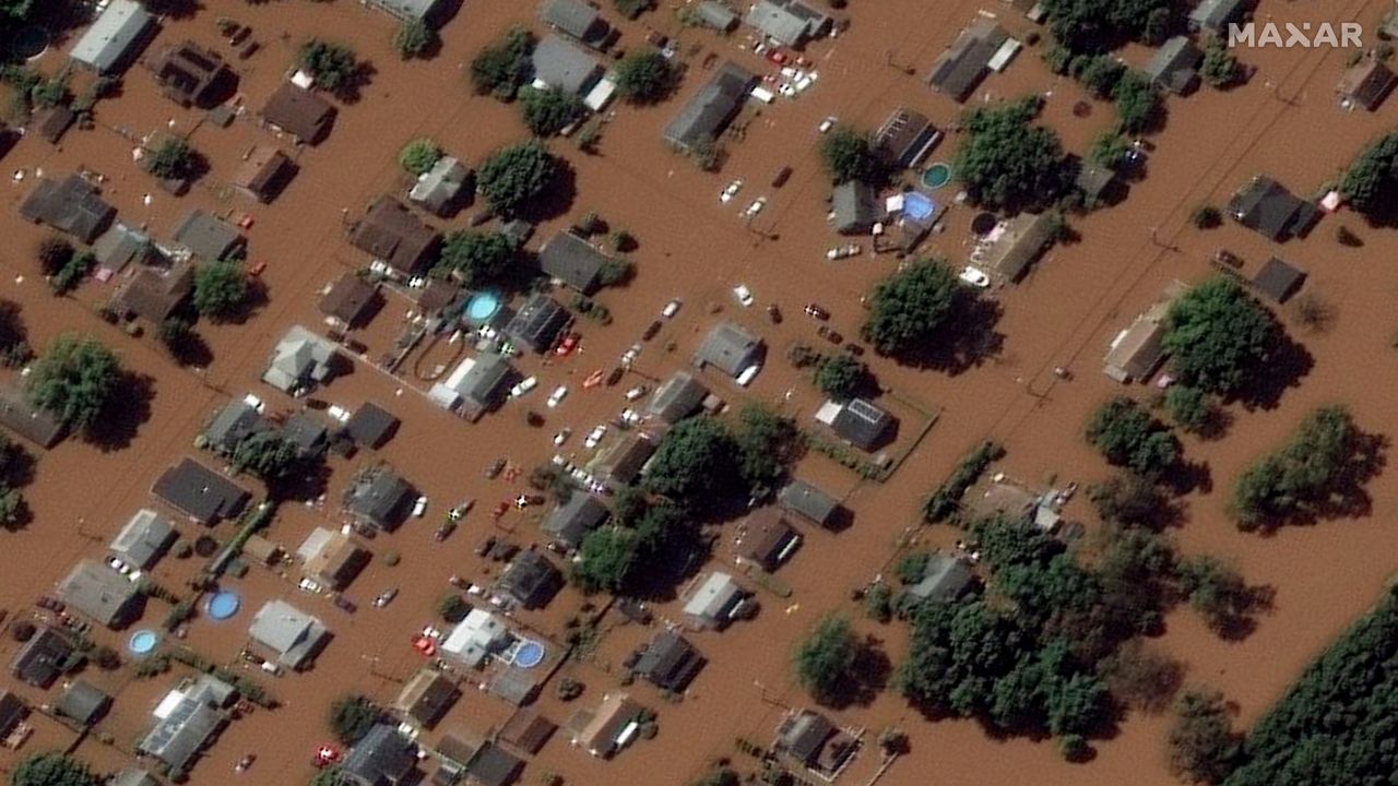 A closeup view of the flooded homes in Manville, New Jersey, taken by the GeoEye-1 satellite on Sept. 2, 2021.