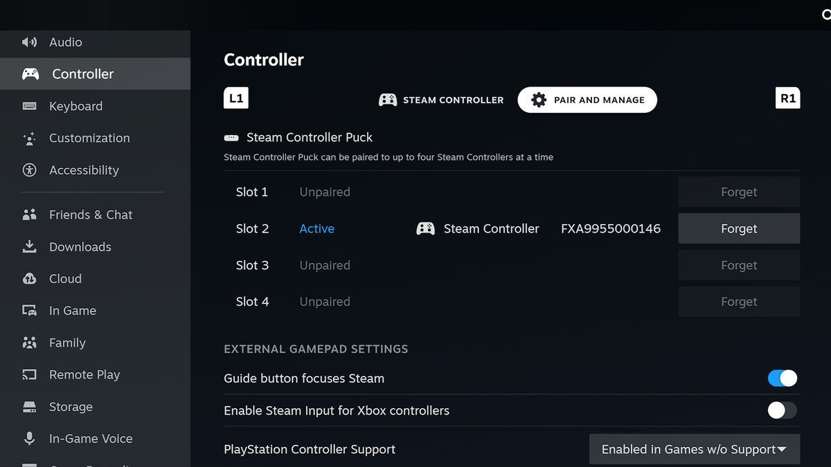 The Steam Controller pairing settings in the Steam client.