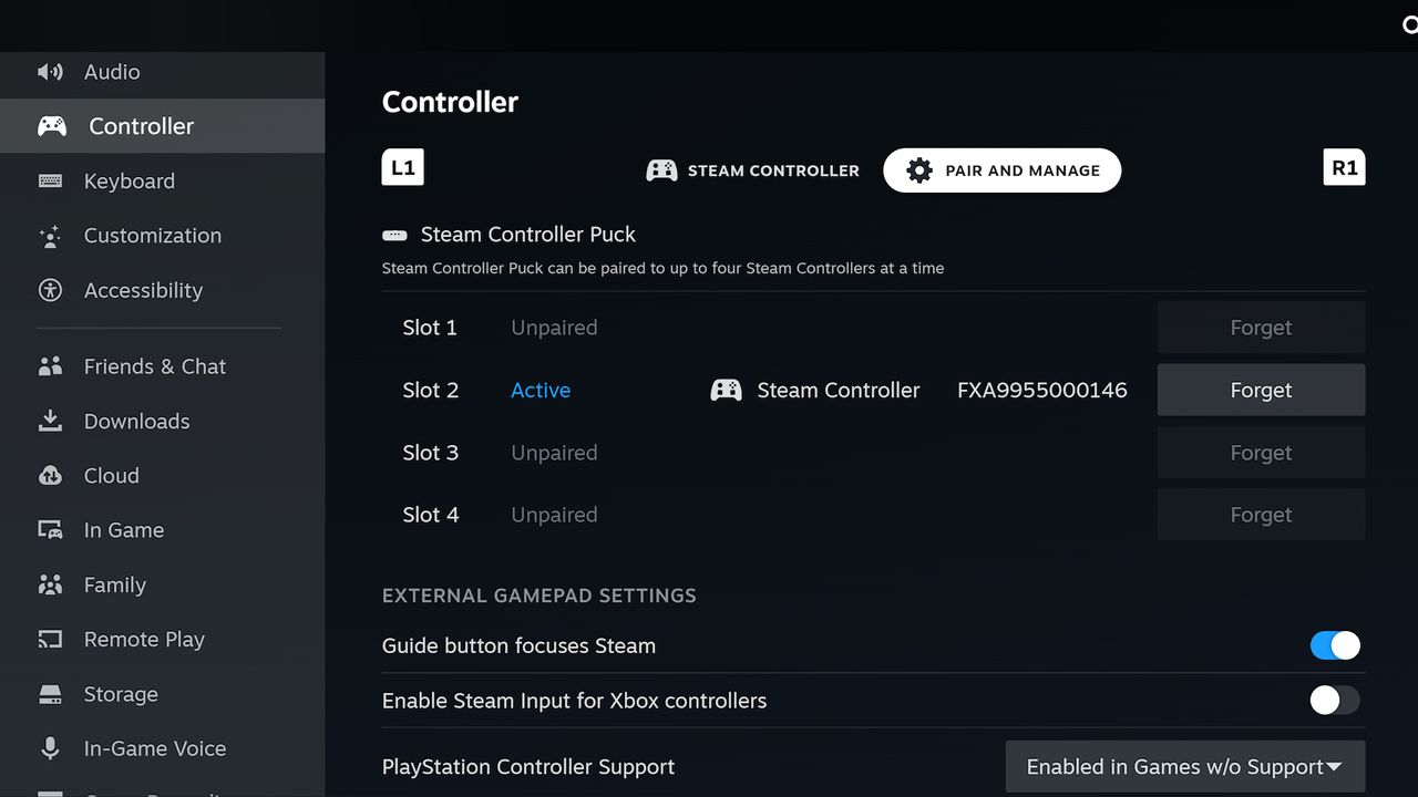 The Steam Controller pairing settings in the Steam client.
