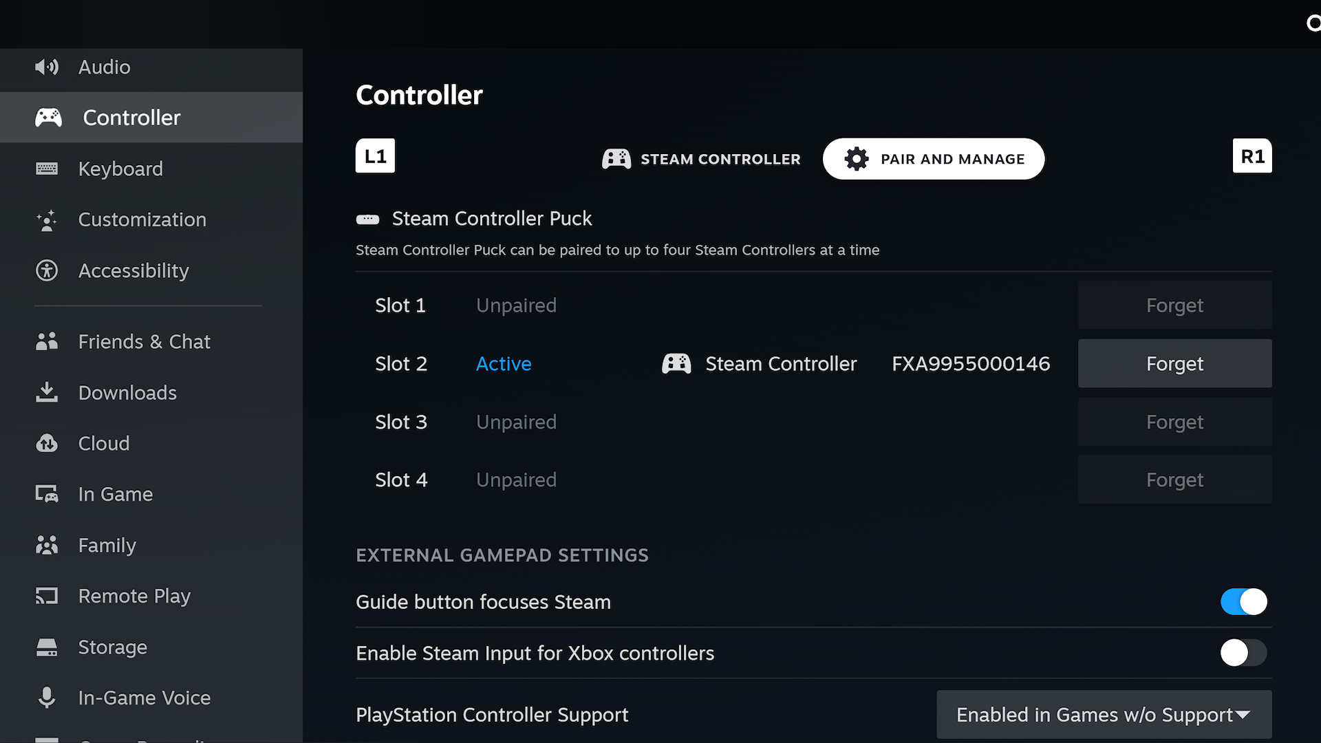 The Steam Controller pairing settings in the Steam client.