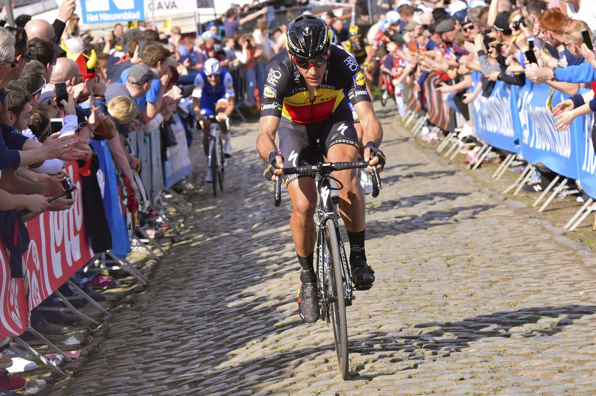 Philippe Gilbert (Quick-Step Floors) builds his advantage on the Oude Kwaremont