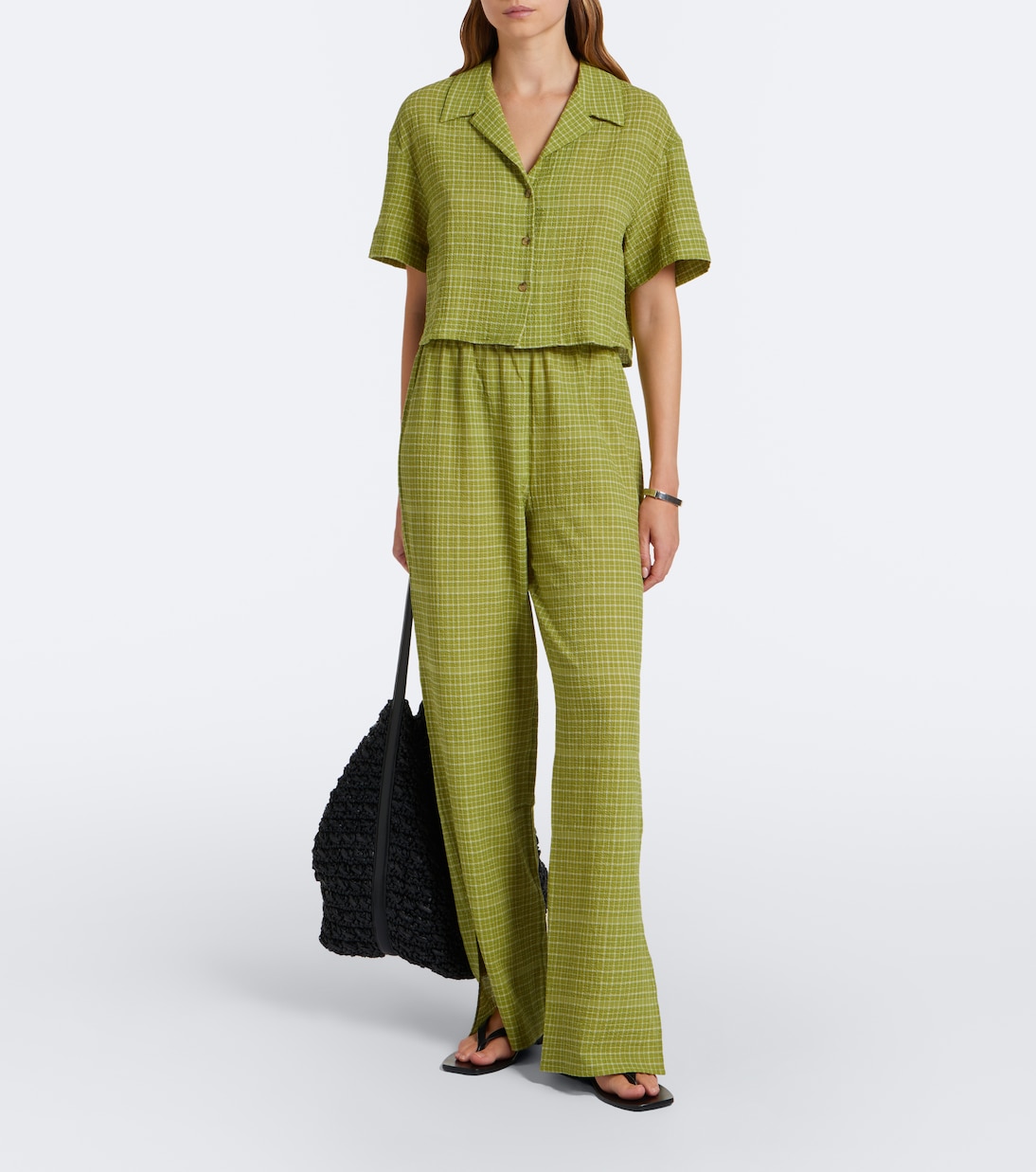 Loreto Checked Cotton Wide-Leg Pants in Green - Asceno