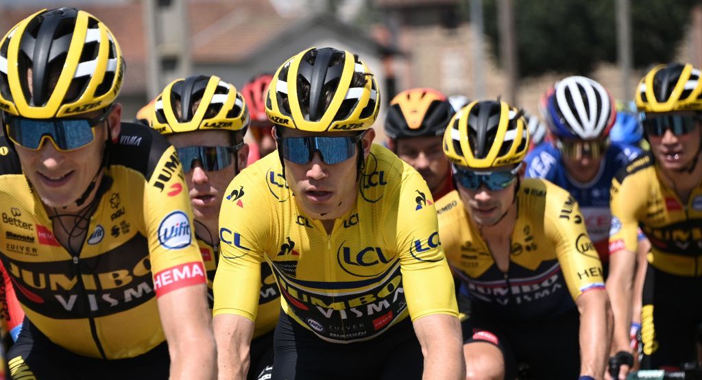 Team Jumbo rider and races leader Belgiums Wout van Aert 2ndL leads the pack witrh his teammates during the second stage of the 72nd edition of the Criterium du Dauphine cycling race 135 km between Vienne and Col de Porte near Sarcenas on August 13 2020 Photo by AnneChristine POUJOULAT AFP Photo by ANNECHRISTINE POUJOULATAFP via Getty Images