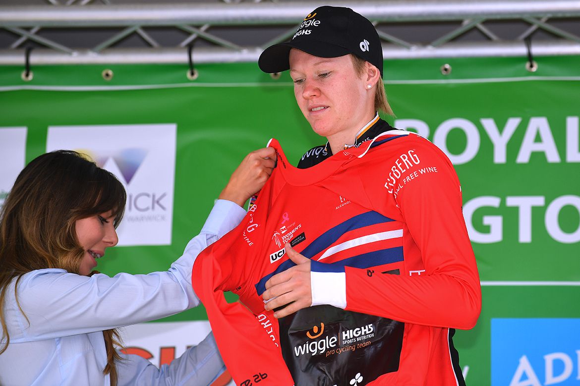 Jolien D'hoore on the podium after stage 3 of the Ovo Energy Women's Tour