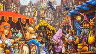 A lively, bustling medieval market
