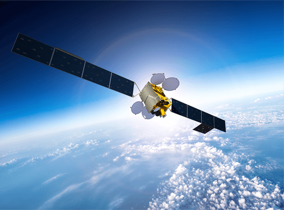 An artist&#039;s illustration of a Measat-3 communications satellite in orbit.