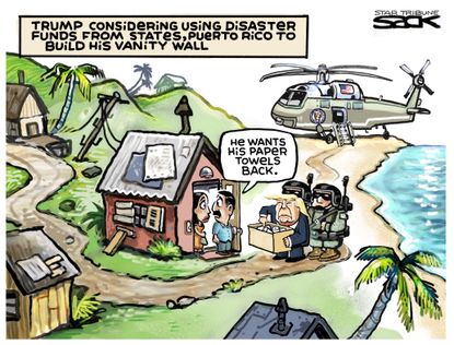 Political cartoon U.S. Trump Puerto Rico hurricane Maria disaster relief wall government shutdown
