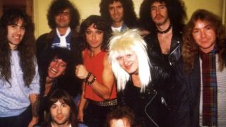 Jimmy Page and Brian May with members of Iron Maiden and Bad News