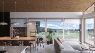 gray living room with copper pillows