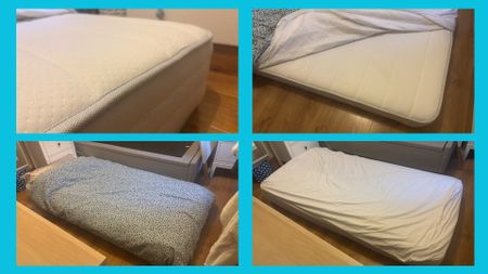 For pictures of a spring mattress on the floor dressed in floral bedding. 