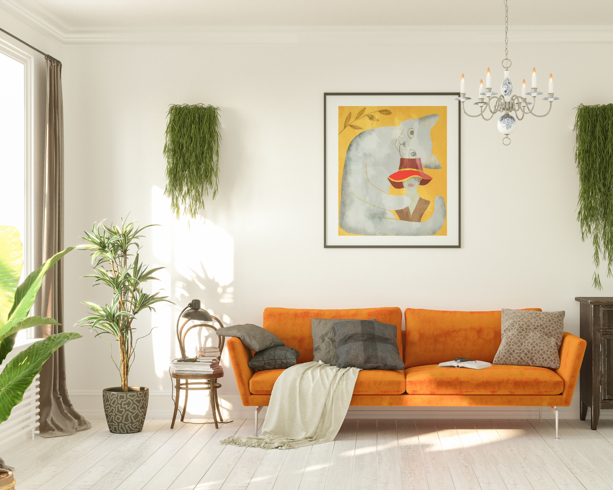 Retro living room with orange couch and painting of a cat on the wall