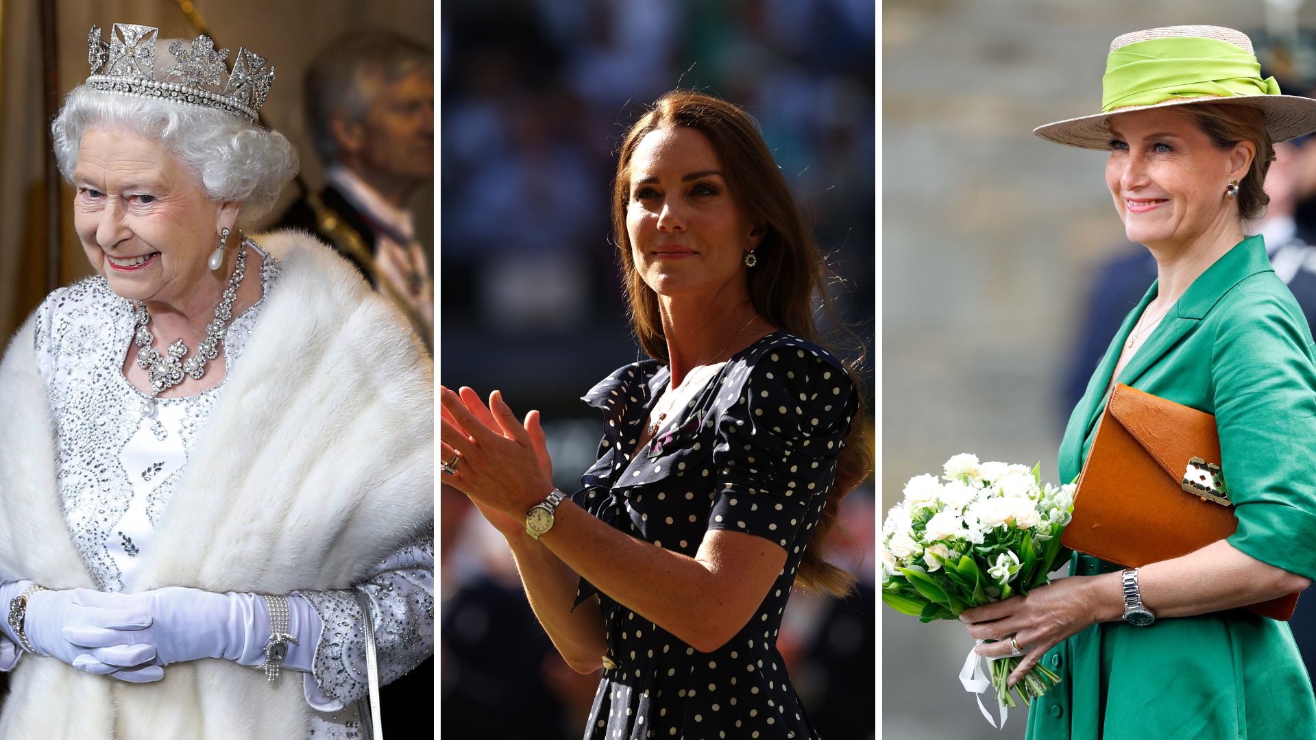 L-R: Queen Elizabeth II, Kate Middleton, Duchess Sophie 