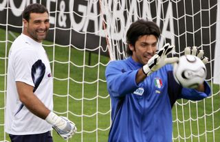 Italy goalkeepers Gianluigi Buffon (right) and Angelo Peruzzi in training at the 2006 World Cup.