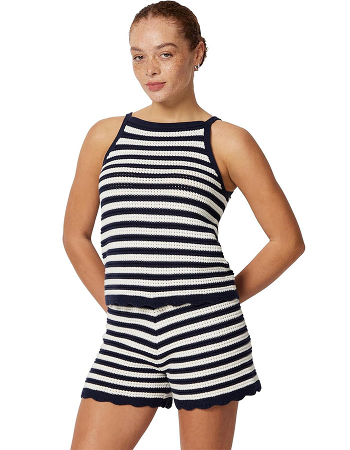 Amazon Essentials X Sofia Grainge Women's Mommy &amp;amp; Me Cotton Crochet Sweaters &amp;amp; Tank Sets, Ivory Navy Polo Stripe, Large