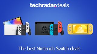 Three Nintendo Switch consoles on a blue background with TechRadar deals logo and best Nintendo Switch deals title text