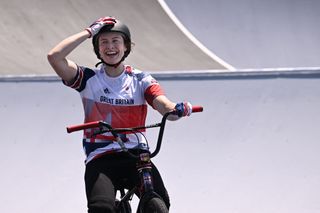 Britain's Charlotte Worthington reacts after her run in the cycling BMX freestyle womens park final at the Ariake Urban Sports Park during the Tokyo 2020 Olympic Games in Tokyo on August 1 2021 Photo by Jeff PACHOUD AFP Photo by JEFF PACHOUDAFP via Getty Images