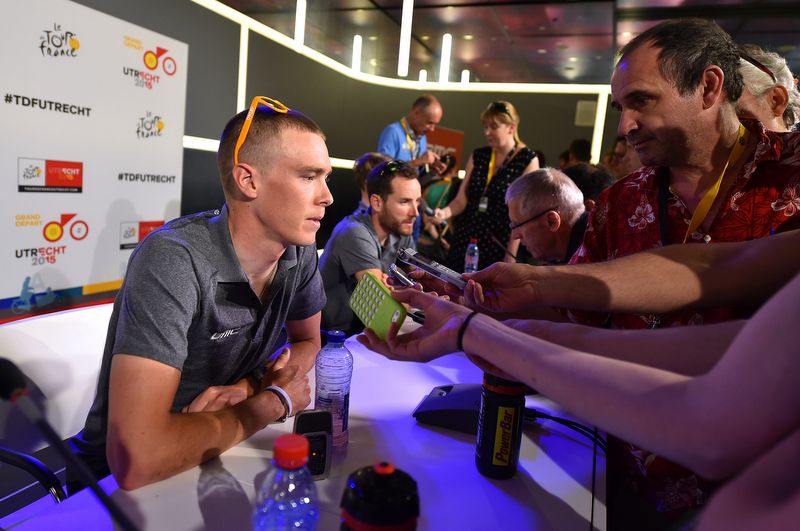 Rupert Guinness, in a familiar hawaiian shirt, interviewing Rohan Dennis from BMC at the 2015 Tour de France