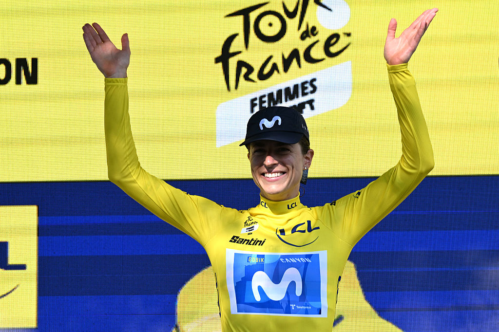 DIJON, FRANCE - AUGUST 04: Marlen Reusser of Switzerland and Team Movistar celebrates at podium as Yellow Leader Jersey winner during the 5th Tour de France Femmes 2026, Stage 4 a 21km individual time trial stage from Gevrey-Chambertin to Dijon / #UCIWWT / on August 04, 2026 in Dijon, France. (Photo by Tim de Waele/Getty Images)