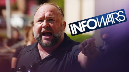 Infowars logo and Alex Jones shouting 