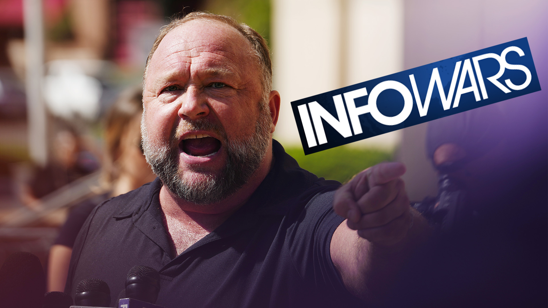 Infowars logo and Alex Jones shouting 