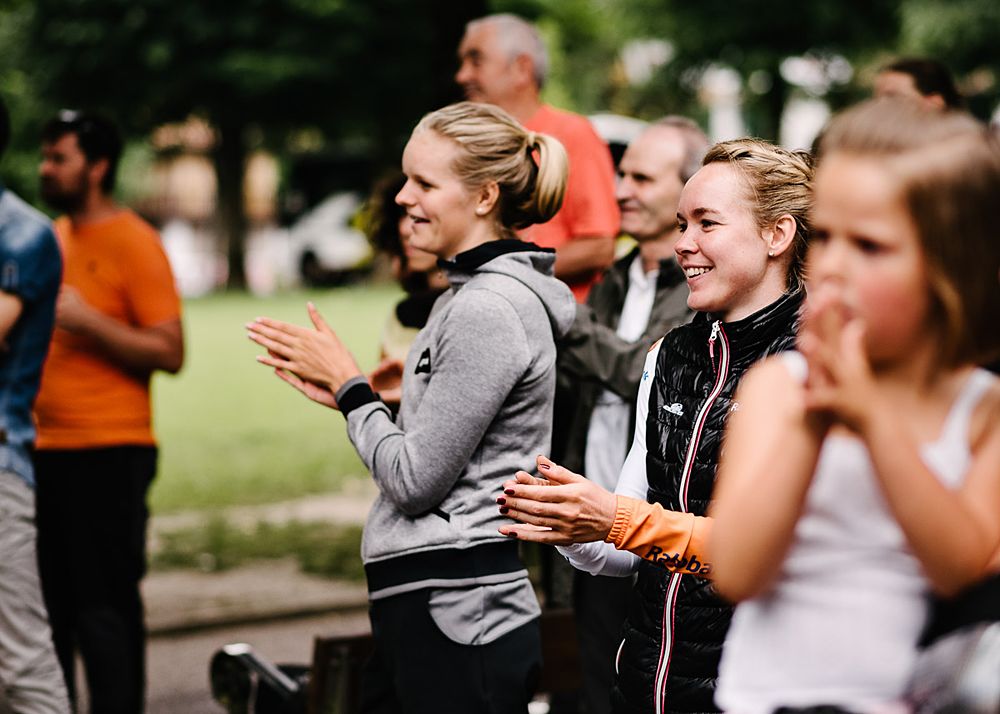 Fans cheering at the finish line