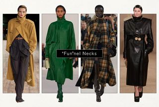 a collage of models wearing funnel neck coat trend on the spring and fall runways 2024