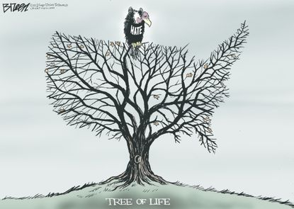 Editorial cartoon U.S. Tree of Life synagogue Pittsburgh shooting anti-Semitism hate