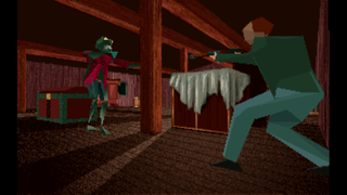 Edward Carnby pointing a gun at a monster in the original Alone in the Dark.