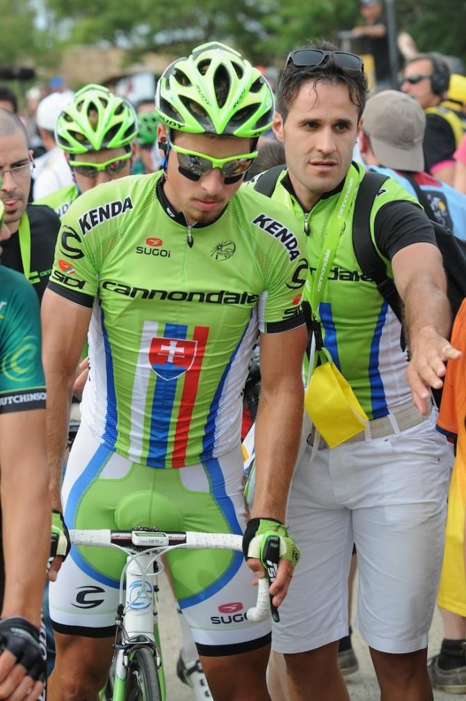 One of the favourites for the stage, Peter Sagan, was derailed by the huge crash, looking despondent as he finished with obvious to his left side