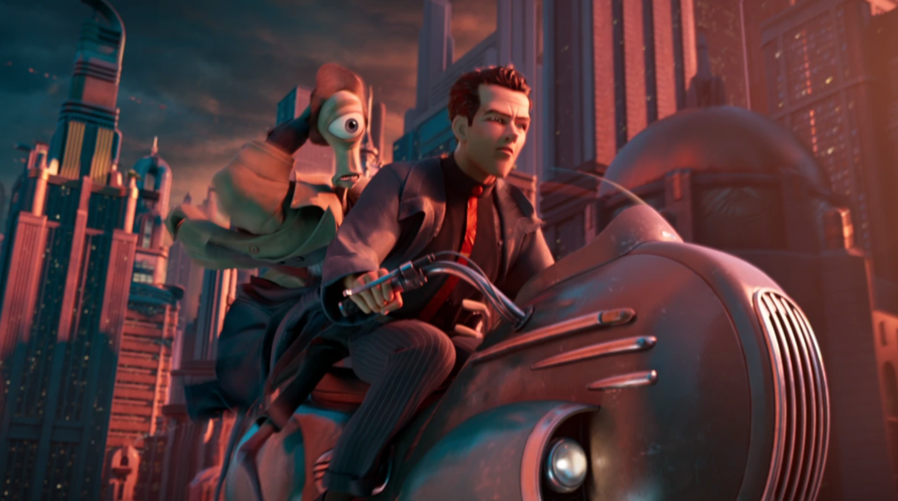 a man and an alien sitting on a sci-fi scooter