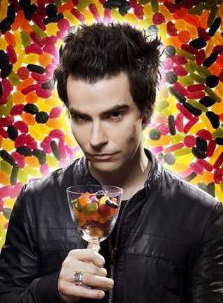 Kelly Jones with a wineglass full of winegums