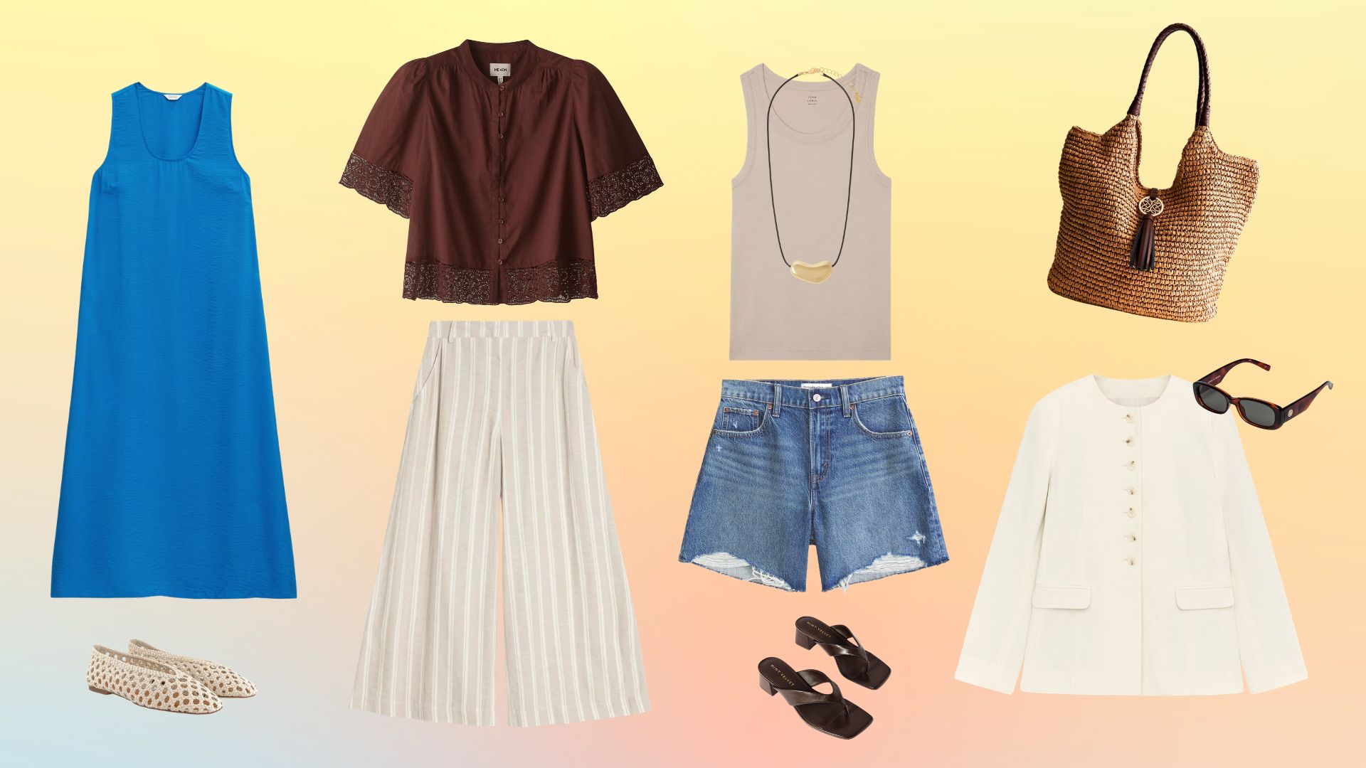 Various items of clothing that make up a summer capsule wardrobe