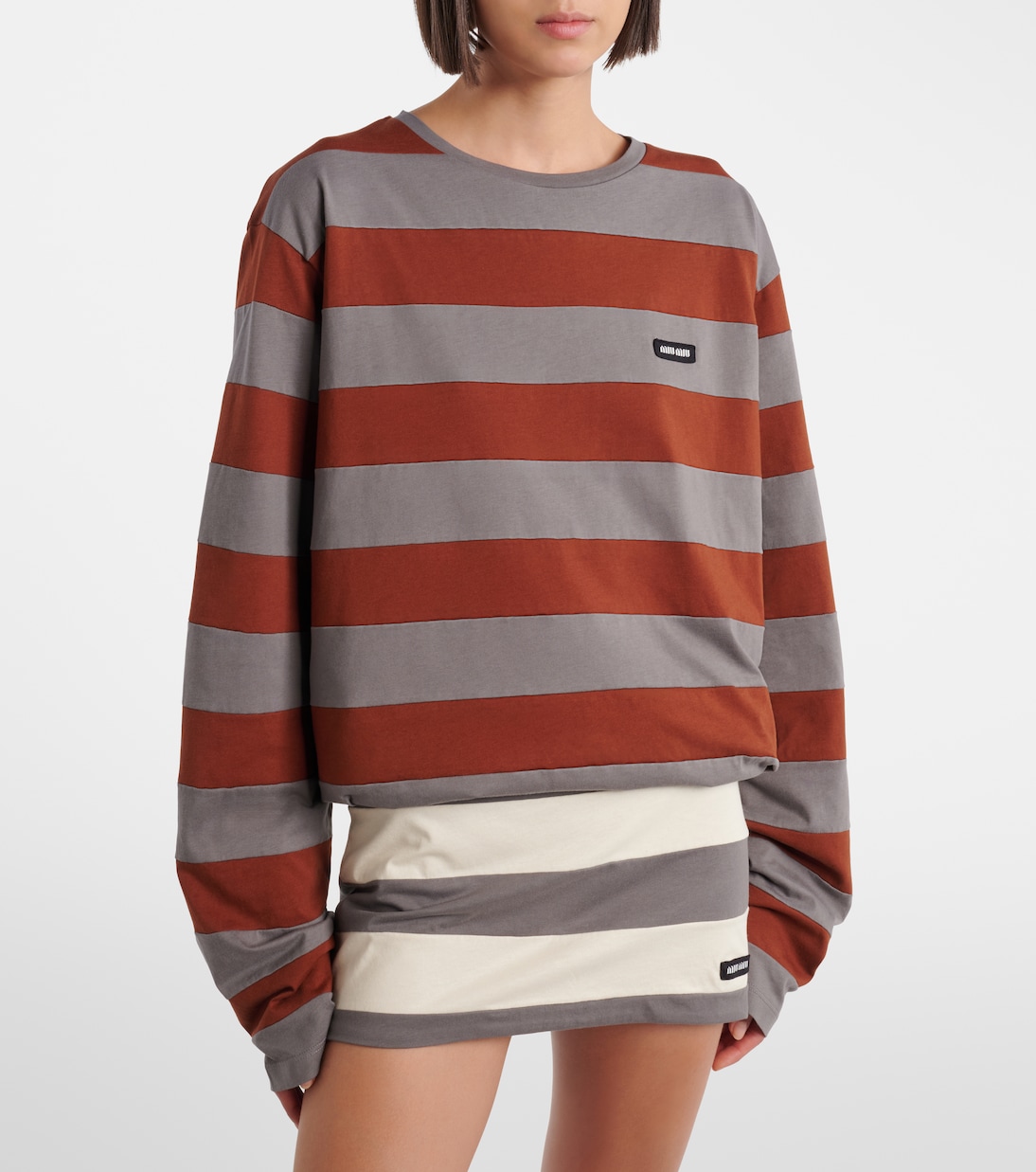 Striped Cotton Jersey T-Shirt in Brown - Miu Miu