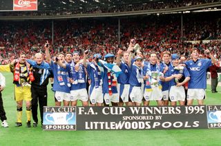 Everton celebrate with the FA Cup after victory over Manchester United in the 1995 final at Wembley