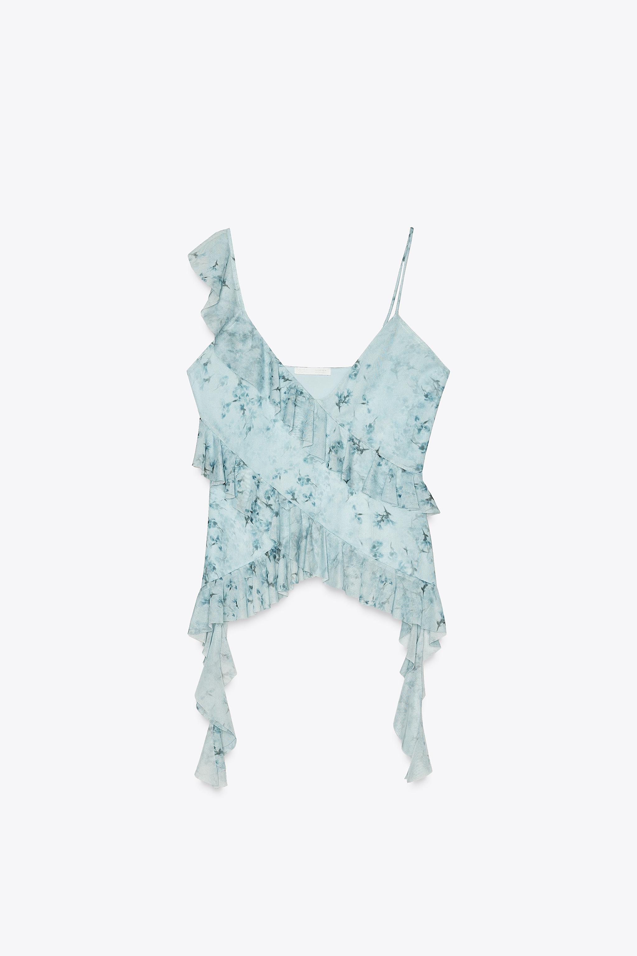 Printed Tulle Top With Ruffles