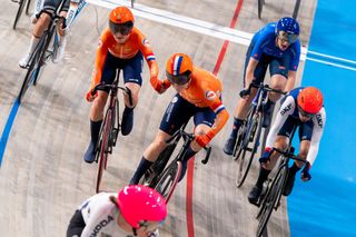 Marit Raaijmakers of the Netherlands and Lisa van Belle of the Netherlands competing in the Women's Madison during Day 5 of the 2024 UEC Track Elite European Championships at Omnisport