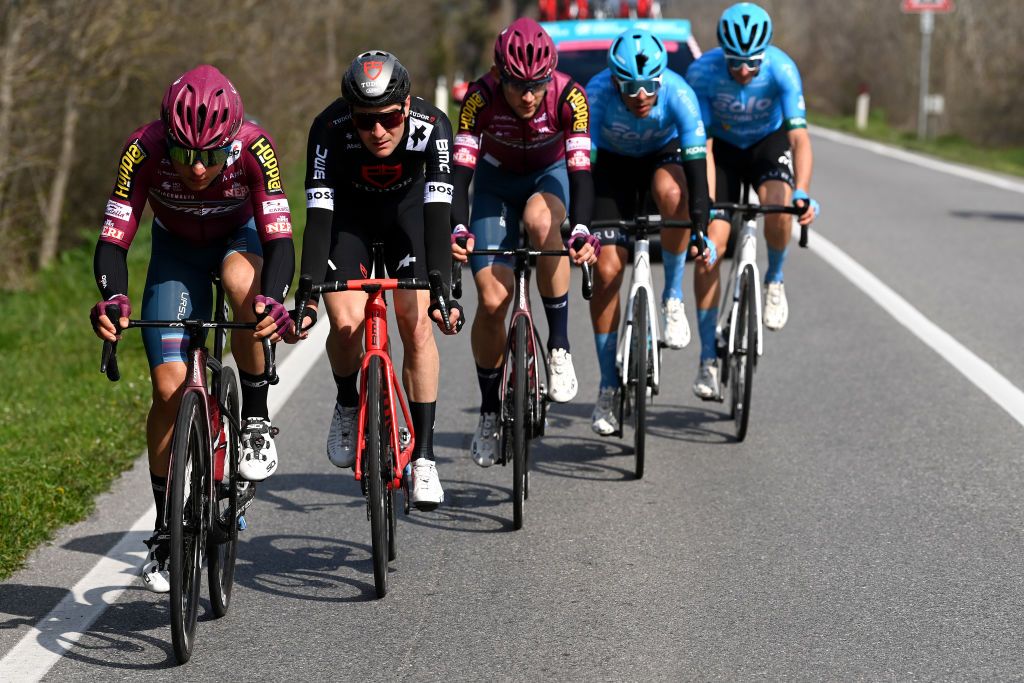 CAMAIORE ITALY MARCH 07 LR Alessandro Iacchi of Italy and Team Corratec and Roland Thalmann of Switzerland and Tudor Pro Cycling Team compete in the breakaway during the 58th TirrenoAdriatico 2023 Stage 2 a 210km stage from Camaiore to Follonica TirrenoAdriatico on March 07 2023 in Camaiore Italy Photo by Tim de WaeleGetty Images