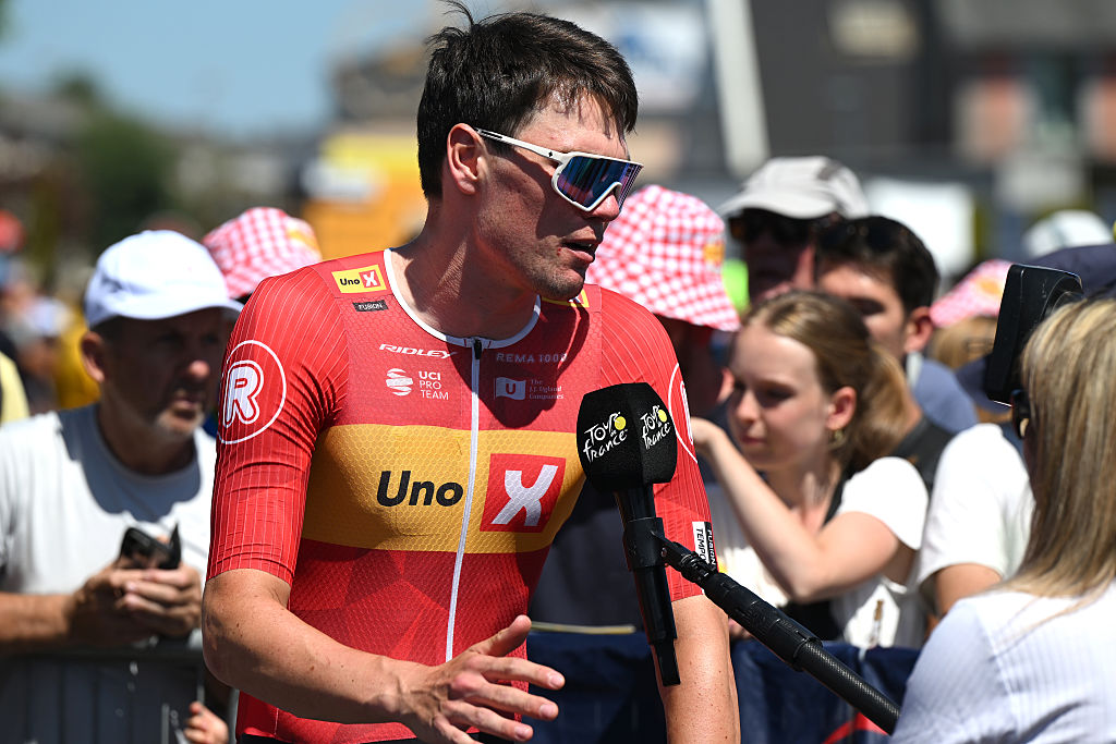 SAINT-MEEN-LE-GRAND, FRANCE - JULY 12: Soren Waerenskjold of Norway and Team Uno-X Mobility meets the media press prior to the 112th Tour de France, Stage 8 a 197km stage from Saint-Meen-le-Grand to Laval (Espace Mayenne) / #UCIWT / on July 12, 2025 in Saint-Meen-le-Grand, France.