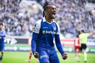 Manchester United target Gent's Archibald Archie Brown celebrates after a goal during a soccer match between KAA Gent and Royal Antwerp FC, Sunday 25 February 2024 in Gent, on day 27 of the 2023-2024 season of the 'Jupiler Pro League' first division of the Belgian championship. BELGA PHOTO TOM GOYVAERTS (Photo by Tom Goyvaerts / BELGA MAG / Belga via AFP) (Photo by TOM GOYVAERTS/BELGA MAG/AFP via Getty Images)