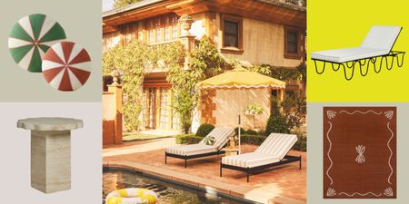 A collage featuring Lulu and Georgia's summer 2025 outdoor styles, shot outside an Italian villa. Around the image there are two circular striped cushions, a stone side table, wavy-based sun lounger, and a decorative rug.