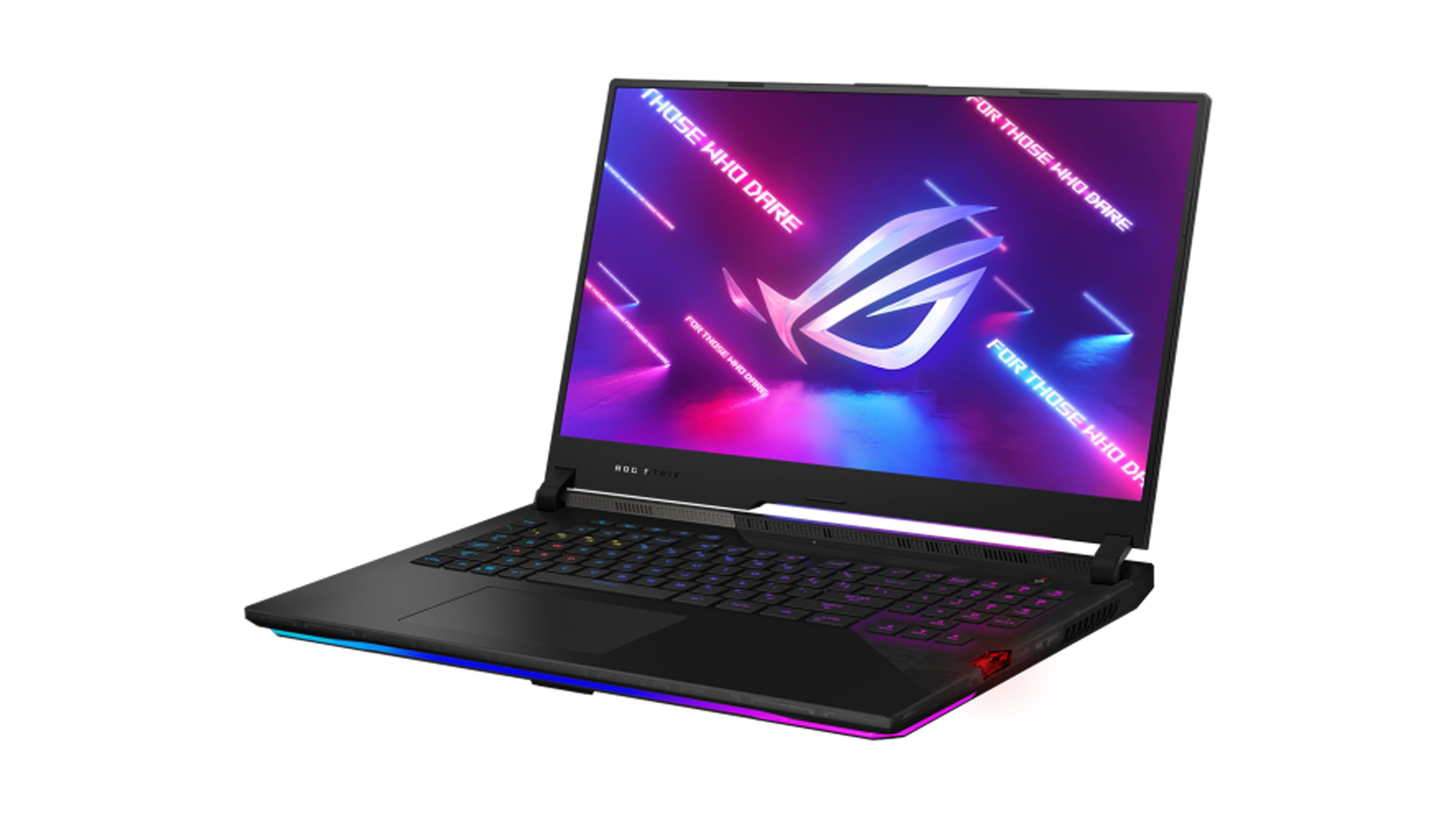 Asus ROG Strix SCAR 17 G733 on a white background. The gaming laptop is open, and there's a pink and purple background on the screen with the Asus ROG logo.