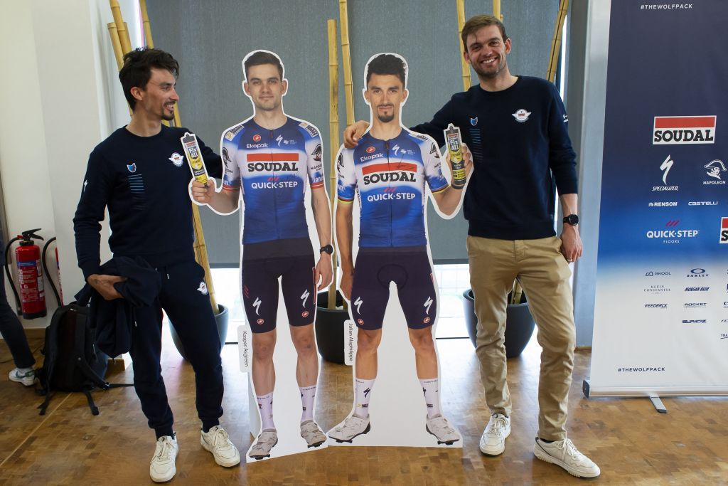 Julian Alaphilippe and Kasper Asgreen pictured during a press conference of the Soudal Quick-Step cycling team