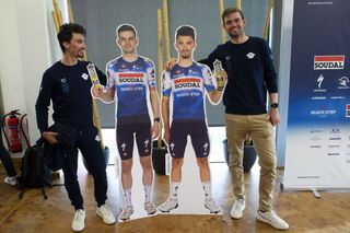 Julian Alaphilippe (left) and Kasper Asgreen pose with likenesses at press conference ahead of ahead of the 2024 Tour of Flanders