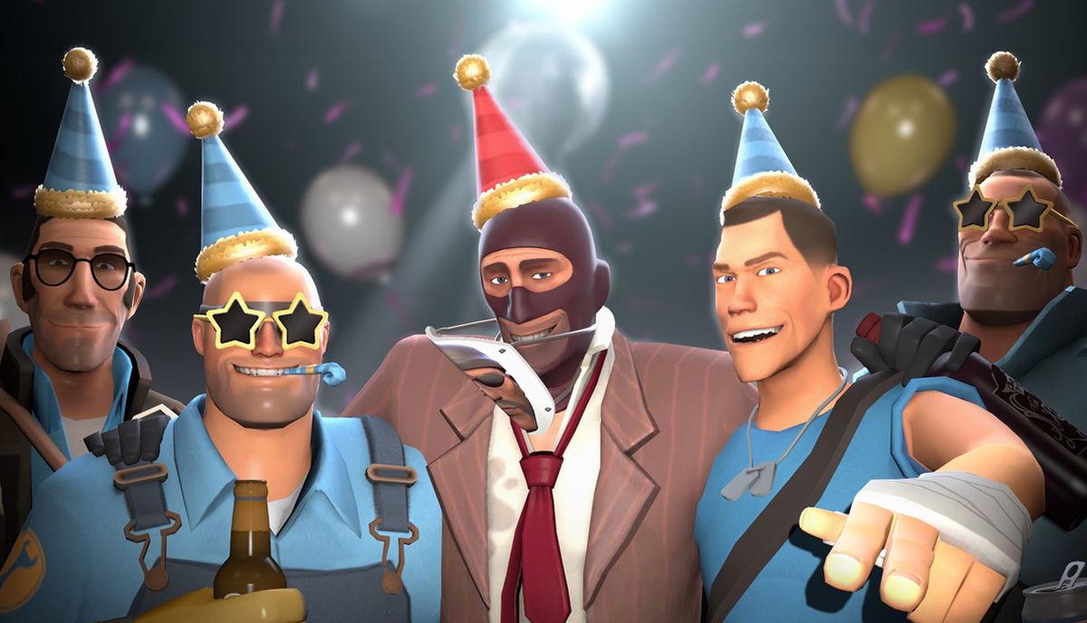 TF2 characters smiling and wearing party hats