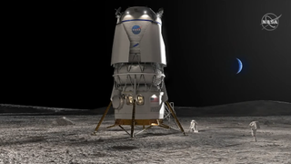 a very tall lander illustrated on the surface of the moon with grey terrain surrounding and two astronauts on the surface. the crescent earth is in behind