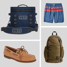 product collage of yeti cooler, sperry boat shoes, fair harbor swim trunks, the north face green backpack