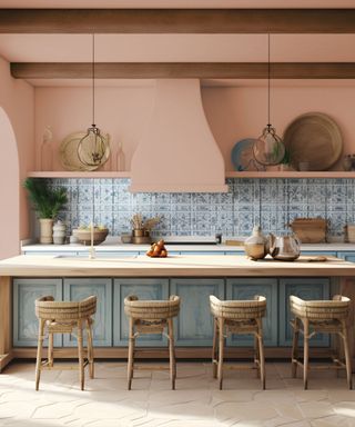 kitchen with terracotta walls, blue backsplash tiles and kitchen island with rustic decor