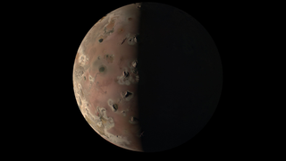 A stunning image of the volcanic moon Io as seen by Juno on Dec. 30, 2023